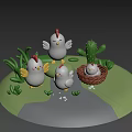 Cute Cartoon Chickens Family With One In Nest Surrounded By Green Plants And Cactus