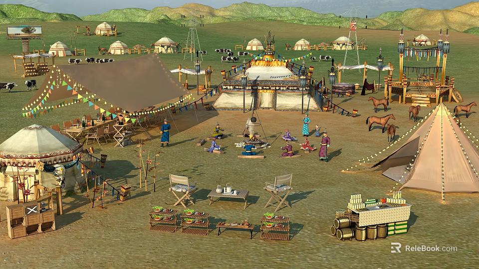 Traditional Mongolian Garden Landscape With Yurts Stalls Camels People And Decorative Flags 3d model 