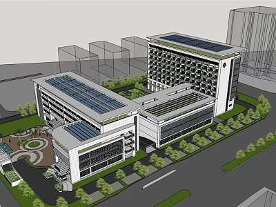 Modern Architectural Complex With Solar Panel Roofs Landscaped Gardens And Circular Courtyard 3d model