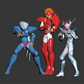 Game and Movie Characters in Blue Red and White Armor with Weapons and Dynamic Poses