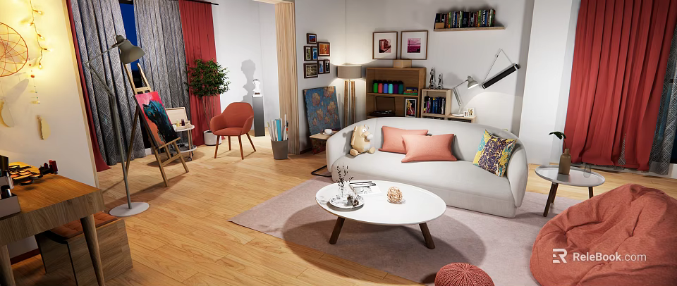 Modern Apartment Interior Featuring Open Kitchen With Island Counter And Appliances 3d model 