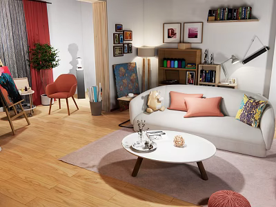 Modern Apartment Interior Featuring Open Kitchen With Island Counter And Appliances 3d model
