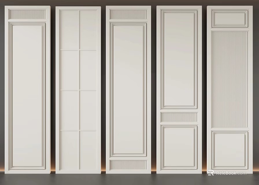 White Wainscoting Panels With Various Decorative Designs And Textured Patterns 3d model