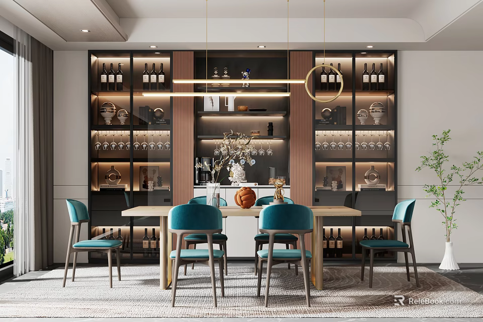Modern Restaurant Interior Design With Wine Racks Teal Chairs Dining Table And Pendant Lights 3d model 