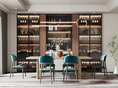 Modern Restaurant Interior Design With Wine Racks Teal Chairs Dining Table And Pendant Lights 3d model