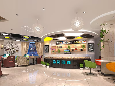 Modern Internet Cafe Interior Design With Comfortable Seating And Computers 3d model