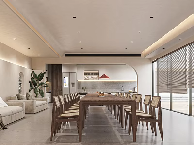 Modern Restaurant Interior With Long Dining Table Chairs Sofa Plants And Large Windows 3d model