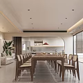 Modern Restaurant Interior With Long Dining Table Chairs Sofa Plants And Large Windows
