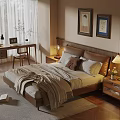 Warm Bedroom Interior With Wooden Bed Desk Chair Decorative Paintings Table Lamp Curtains Pillows Blanket