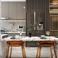 Elegant Dining Living Room Interior With Marble Counter Wine Rack And Gold Accent Chairs