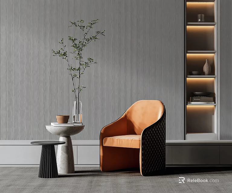 Orange Leather Single Sofa In Modern Living Room With Striped Wall Side Table And Vase 3d model 