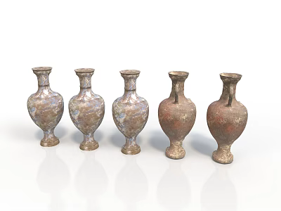 Five Different Style Ceramic Vase Sculptures With Brown Mottled Texture Arranged in a Row 3d model