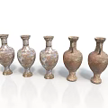 Five Different Style Ceramic Vase Sculptures With Brown Mottled Texture Arranged in a Row
