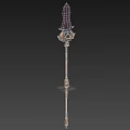Fantasy Glowing Red Spear Weapon With Golden Shaft And Decorative Elements