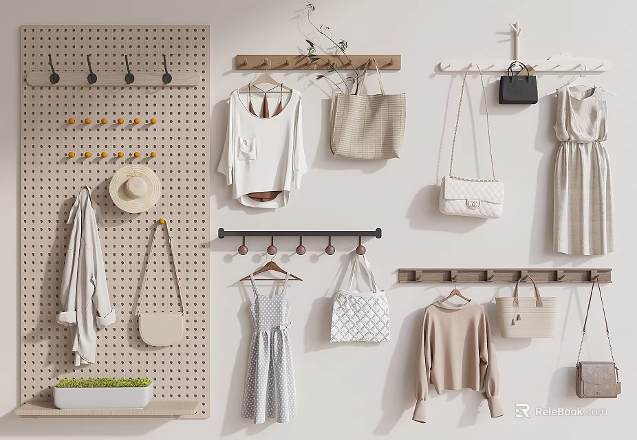 Wall Mounted Wooden And Metal Hangers For Clothes Bags And Hats Storage 3d model 