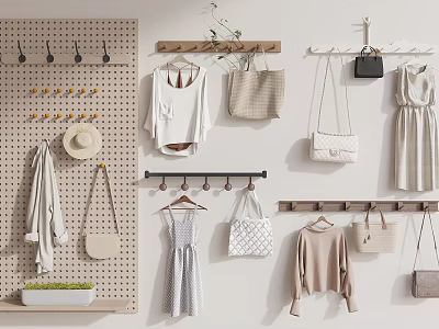 Wall Mounted Wooden And Metal Hangers For Clothes Bags And Hats Storage 3d model