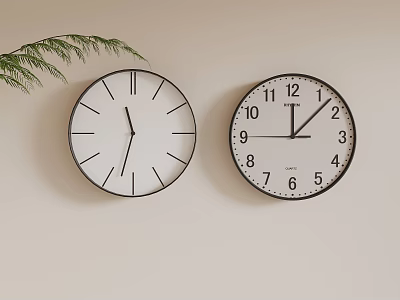 Two Wall Clocks With Minimalist And Numeral Design On Light Wall With Green Leafy Branch 3d model