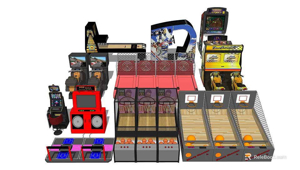 Diverse Entertainment Gaming Appliances Featuring Arcade Machines Basketball Shooting And Racing Games 3d model 