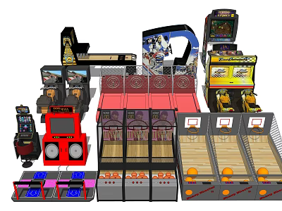 Diverse Entertainment Gaming Appliances Featuring Arcade Machines Basketball Shooting And Racing Games 3d model
