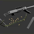 Silver Submachine Gun With Mounted Scope Scattered Bullets Magazine And Green Ammunition Belt