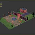 Outdoor Park Equipment With Lamp Posts Fountain Brick Archway And Green Lawn