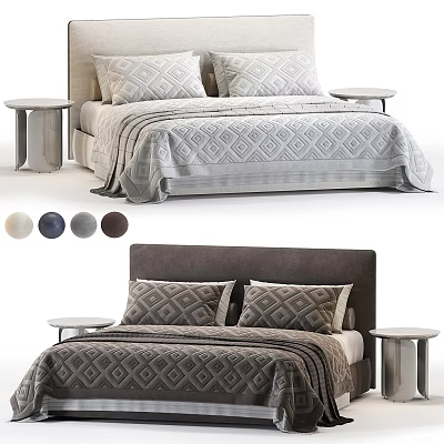 Modern Upholstered Double Bed With Geometric Quilted Bedding And Marble Nightstands For Stylish Bedroom Decor 3d model