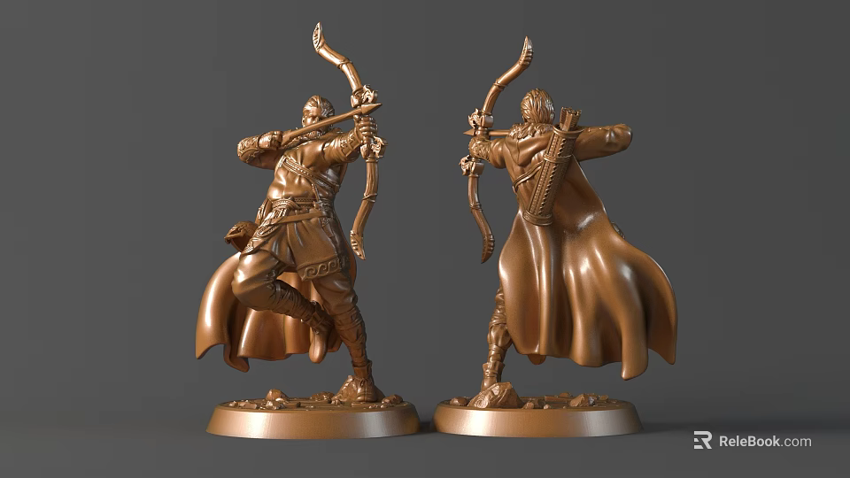Two Bronze Archer Sculptures Featuring Cloak Bow Dynamic Standing Pose And Pedestal Base 3d model 