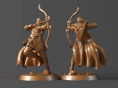 Two Bronze Archer Sculptures Featuring Cloak Bow Dynamic Standing Pose And Pedestal Base 3d model