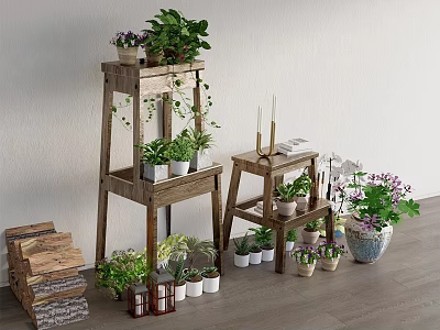 Wooden Multi tiered Plant Stand With Potted Plants Decorative Candles And Stacked Firewood 3d model