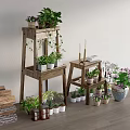 Wooden Multi tiered Plant Stand With Potted Plants Decorative Candles And Stacked Firewood