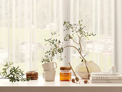 Window Sill Decorative Ornament Set With Olive Branch White Mugs Honey Jar Nuts And Books 3d model