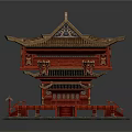 Cartoon scene of Chinese traditional multilayered red building with golden roof decorative stairs and ornaments