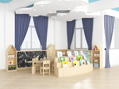 Kindergarten Classroom with Cloud Shaped Ceiling Blue Curtains House Shaped Bookshelves and Colorful Books 3d model