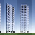 Modern High Rise Buildings With Glass Facade And Green Lawn Under Blue Sky