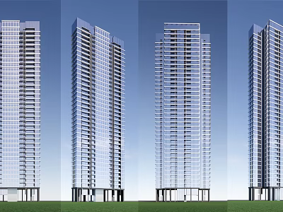 Modern High Rise Buildings With Glass Facade And Green Lawn Under Blue Sky 3d model