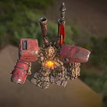 Mech Robot With Glowing Core Red Flag And Rocky Legs Stands By Coastal Bridge