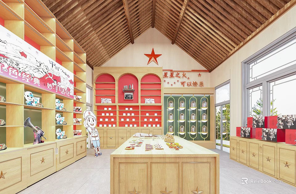 Red Themed Store Interior With Wooden Shelves Red Star And Product Displays 3d model 