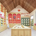Red Themed Store Interior With Wooden Shelves Red Star And Product Displays