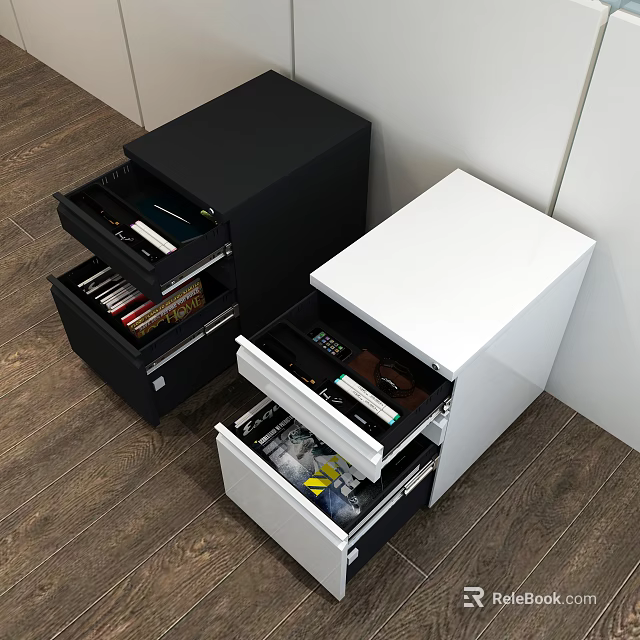Modern Black And White Bookcase With Open Drawers Containing Books And Items 3d model 