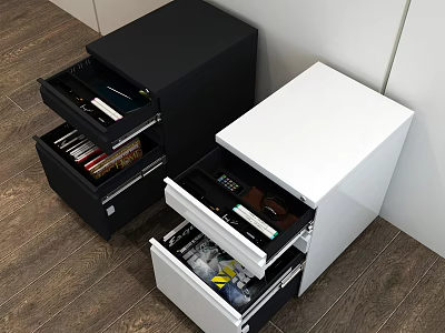 Modern Black And White Bookcase With Open Drawers Containing Books And Items 3d model