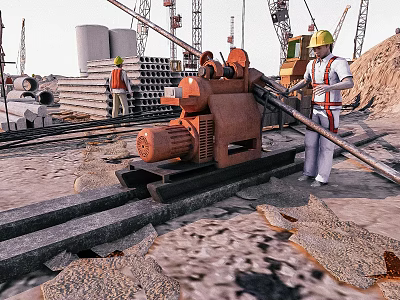 Industrial Utility Vehicle Working At Construction Site With Workers And Cranes 3d model