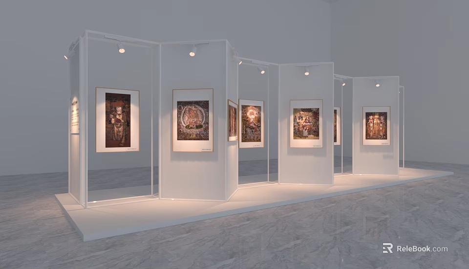 Art Exhibition Photo Spot with White Display Stands and Framed Artworks in Modern Gallery Space 3d model 