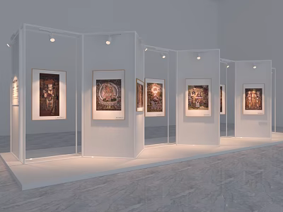 Art Exhibition Photo Spot with White Display Stands and Framed Artworks in Modern Gallery Space 3d model