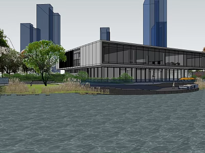 Modern Waterfront Sales Office Building With Urban Skyline And Green Landscaping 3d model