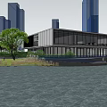 Modern Waterfront Sales Office Building With Urban Skyline And Green Landscaping