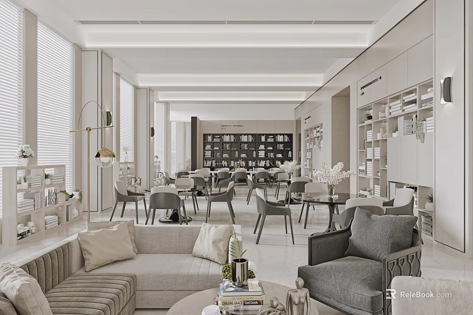Modern Lounge Area Design With Comfortable Sofa Armchair Coffee Table And Bookshelves 3d model 