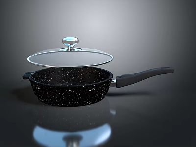 Non Stick Frying Pan With Transparent Lid Black Body White Speckles And Black Handle 3d model
