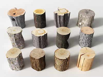 Rustic Natural Wood Tree Stump Stools In Various Styles And Textures 3d model