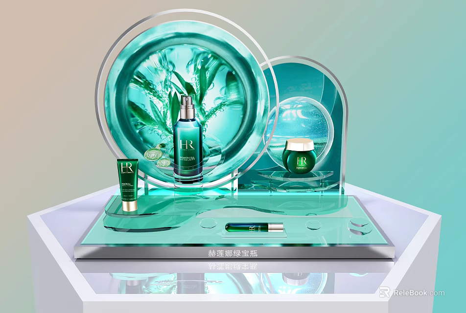 Green Algae Essence Cosmetics On Transparent Display With Green Bottles And Round Mirror Backdrop 3d model 