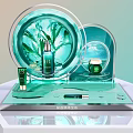 Green Algae Essence Cosmetics On Transparent Display With Green Bottles And Round Mirror Backdrop